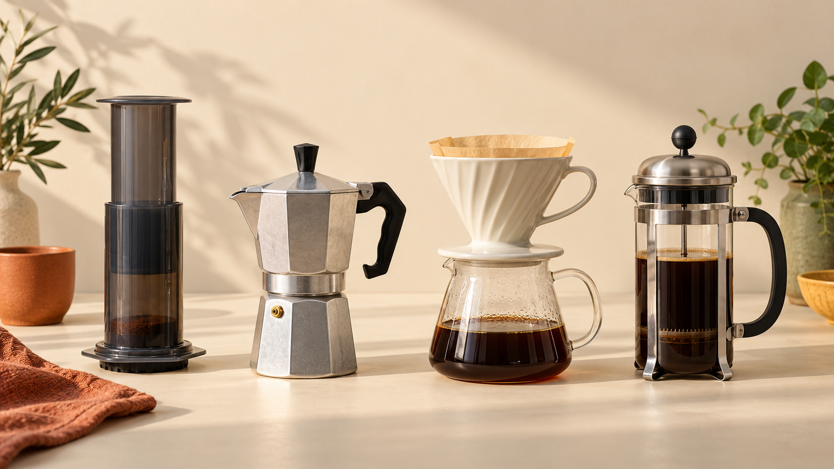 AeroPress, moka pot, V60 pour-over and cafetière arranged on a warm kitchen worktop