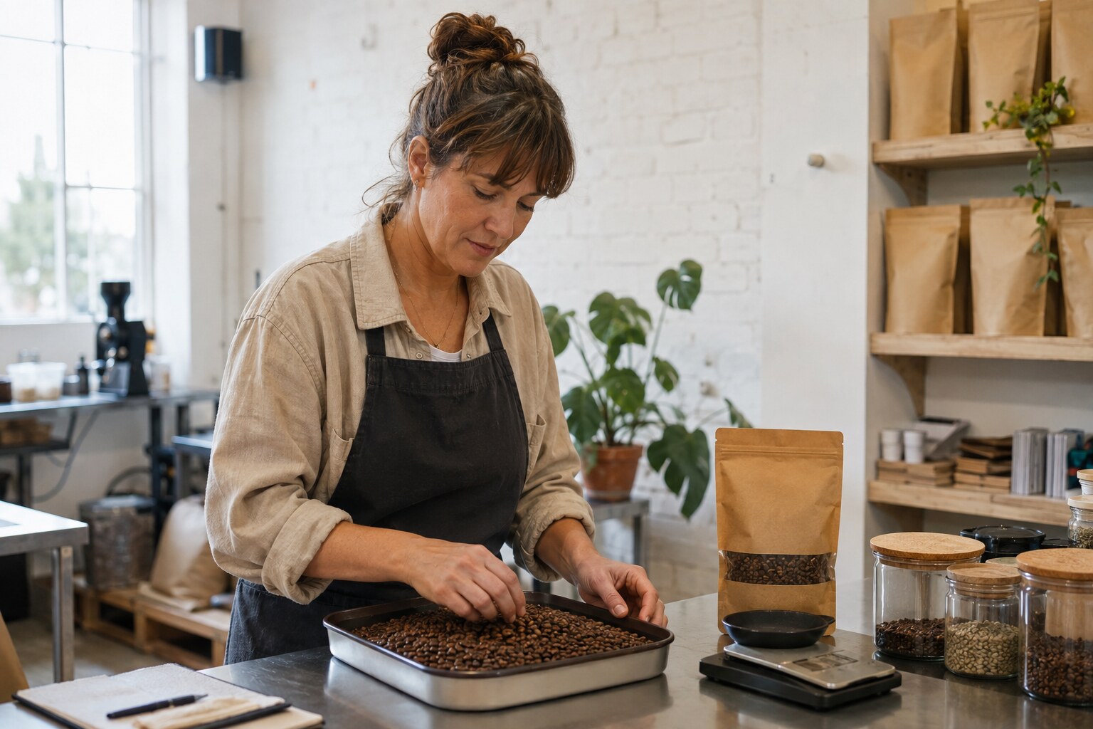 Mara Hughes working with roasted coffee at North Starling Coffee’s Yorkshire roastery